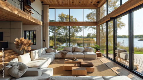 modern farmhouse with natural Scandinavian design elements of bright open living room with view of kitchen lots of large windows and natural light