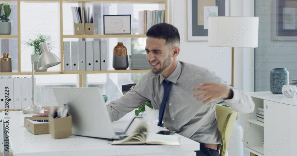 Frustrated businessman, laptop and sweeping desk in anger for loss, fail or stress at the office. Angry man or young employee with computer problems in destruction, rage or violence at the workplace Frustrated businessman, laptop and sweeping desk in anger for loss, fail or stress at the office. Angry man or young employee with computer problems in destruction, rage or violence at the workplace