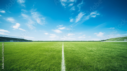 grassy football pitch at stadium at sunny day with blue sky © Aura