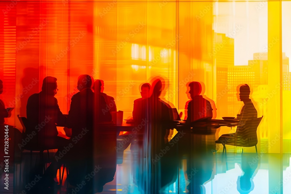 Abstract representation of a dynamic business meeting with city reflections Abstract representation of a dynamic business meeting with city reflections