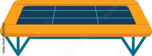 Orange rectangular trampoline with blue details, gym equipment for fitness and exercise. Indoor sport, jumping workout vector illustration.