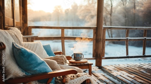Cozy winter chalet landscape Mountain chalet balcony  wooden furniture  cozy blankets  panoramic view of snowy peaks  serene winter landscape  morning light  tranquil retreat  alpine scenery.  