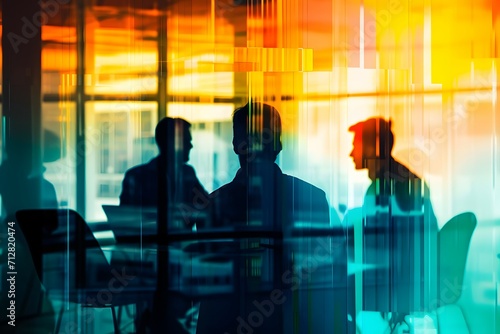 Abstract representation of a dynamic business meeting with city reflections