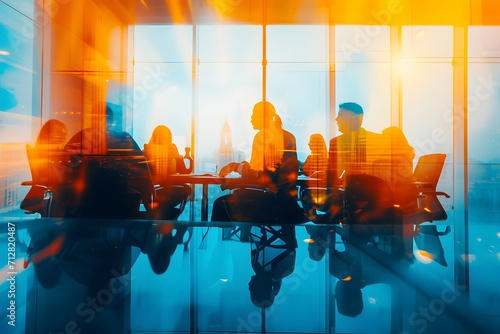 Abstract representation of a dynamic business meeting with city reflections photo