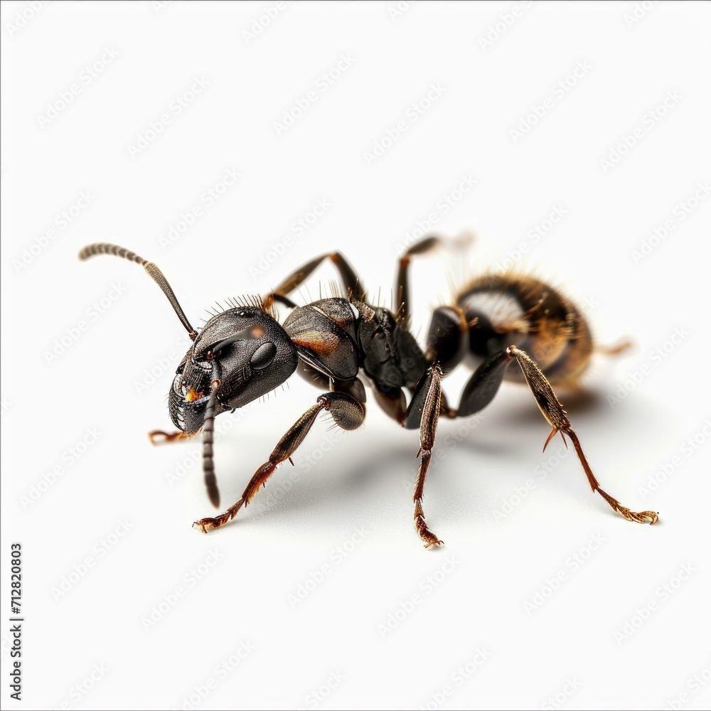 Macro shot of an ant, detailed exoskeleton, antennae, six legs, light shadow on white background, insect close-up, entomology study Macro shot of an ant, detailed exoskeleton, antennae, six legs, light shadow on white background, insect close-up, entomology study