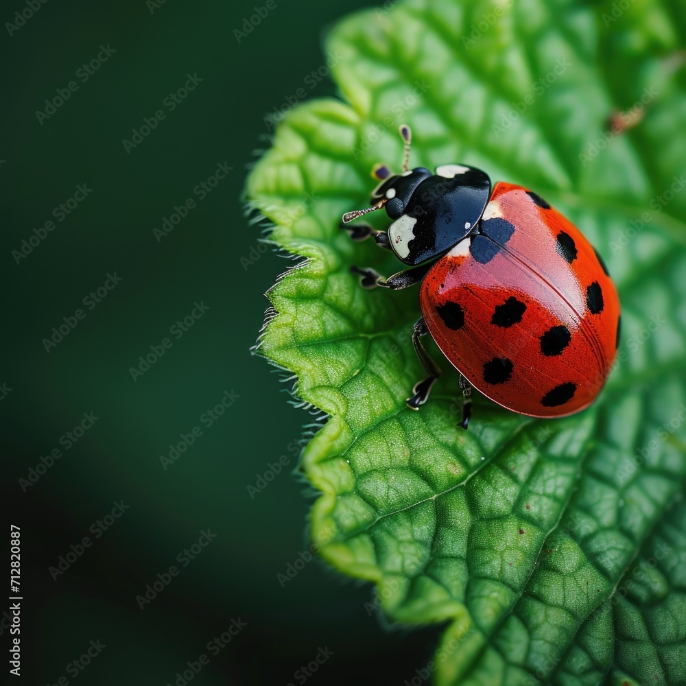 Vivid Red Ladybug on Dewy Green Leaf - Nature's Macro Beauty Vivid Red Ladybug on Dewy Green Leaf - Nature's Macro Beauty