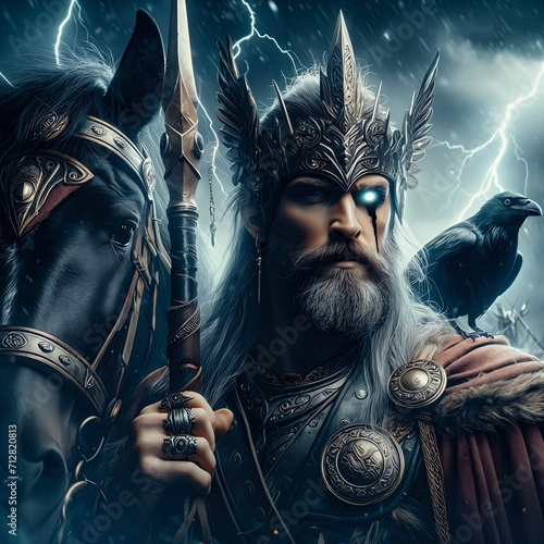The great Nordic one-eyed god Odin with his ravens Huginn&Muninn. Sleipnir. God of wisdom, healing, death, battle and knowledge. Ancient Norse mythology. Scandinavian. Germanic paganism. Generative AI photo
