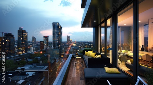 Modern balcony with glass balustrade, evening cityscape view, outdoor furniture with yellow cushions, interior lighting, apartment high-rise buildings, clear sky, dusk ambiance, urban setting, luxury  photo