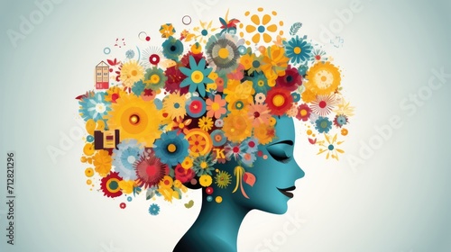 An illustration of a person surrounded by colorful images and words representing positive thoughts and affirmations, highlighting the power of positive thinking in boosting happiness.