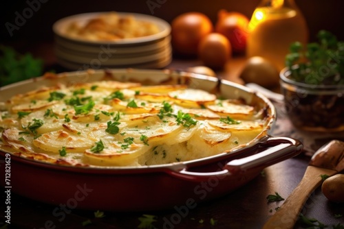 An appealing image capturing the elegance of scalloped potatoes, lightly browned on top with a sprinkle of parsley, inviting viewers to relish in the richness and velvety texture of this