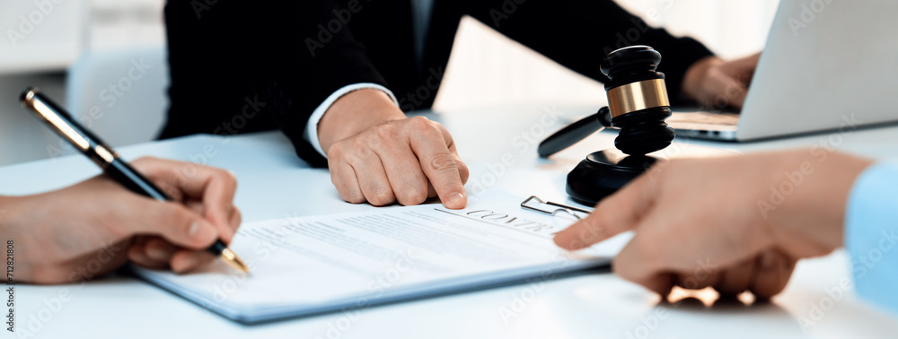 Couples file for divorcing and seek assistance from law firm to divide property after breakup. Obligations contract assist by lawyer in negotiating settlement agreement meeting. Panorama Rigid - obrazy, fototapety, plakaty 