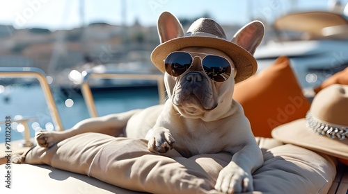 Wealthy rich french bulldog relaxing on expensive private yacht ship boat at pier tropical harbor, millionaire billionaire pet dog animal lifestyle concept