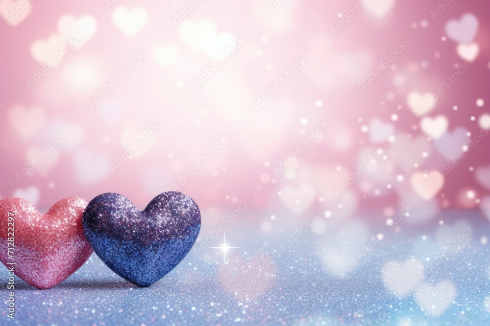 Obraz premium Blue background with hearts and glitter. wallpaper. valentine's day greeting card Love. pink and blue heart, feelings,. Space for text