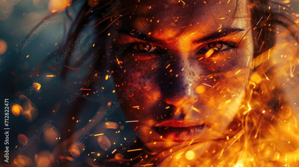 A closeup of a woman warrior with a serious expression, her eyes glowing with a fiery intensity. The sparks around her seem to swirl and dance, as if she is harnessing their power for her - obrazy, fototapety, plakaty 