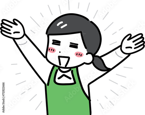 大喜びしている緑エプロンの女性店員