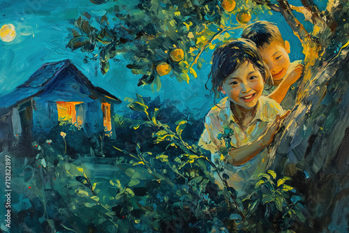 Oil painting of children playing on the front porch in the countryside