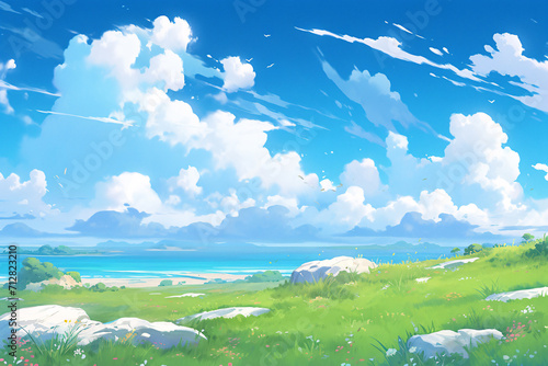 Fototapeta Naklejka Na Ścianę i Meble -  Spring lawn and blue sky and white clouds scene illustration, Beginning of Spring concept illustration background