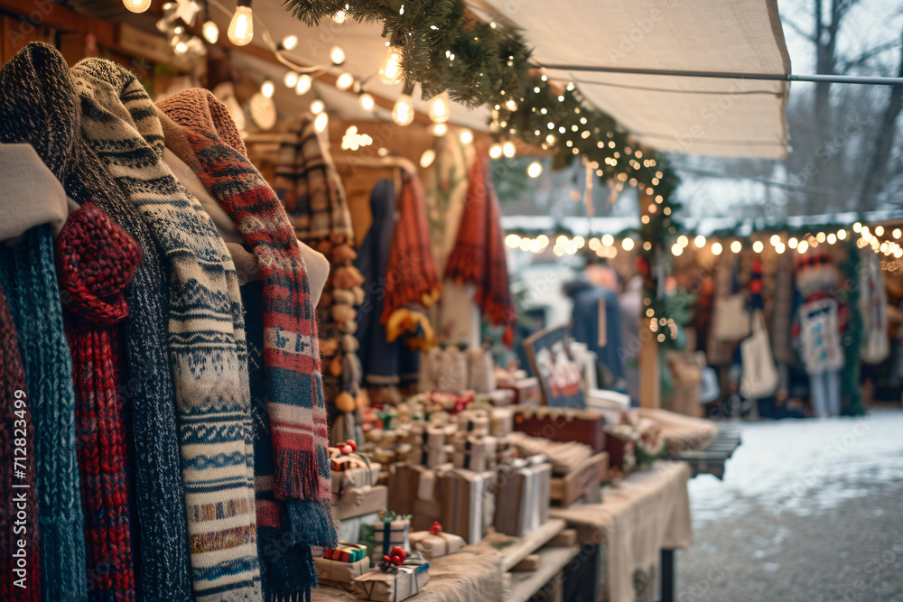 A charming winter market stall offers a selection of handmade woolen clothing under the festive glow of string lights. A charming winter market stall offers a selection of handmade woolen clothing under the festive glow of string lights.