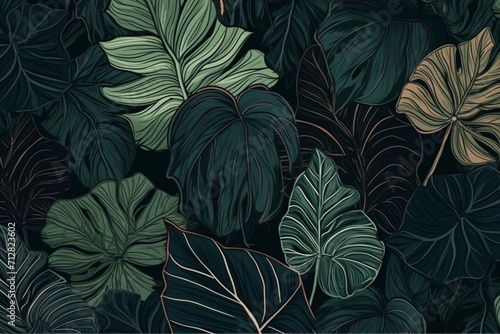 Seamless tropical pattern with vintage dark leaves, palm, and colocasia. Hand-drawn design for wallpapers, fabric printing, and goods. Generative AI