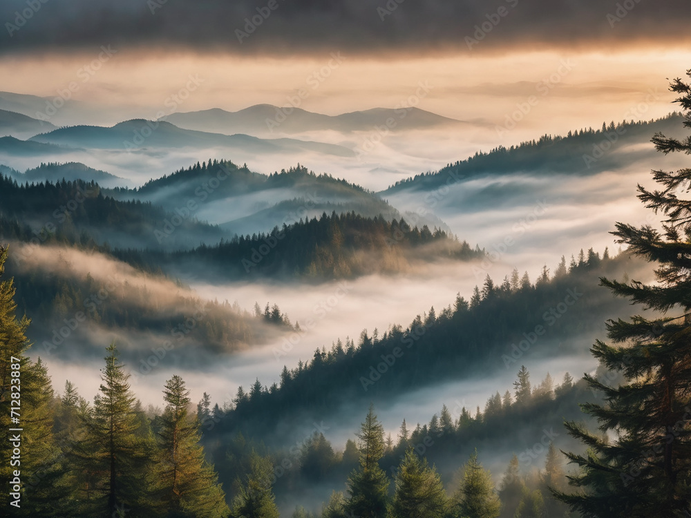 beautiful foggy mystic mountains. Fog clouds at the pine tree mystical woods, morning. Europe, mysterious alpine landscape - generated by ai