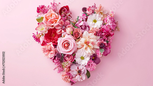 Illustration of heart shaped garland made of red and pink flowers, Valentine's Day love garland concept illustration © lin