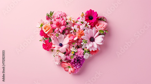 Illustration of heart shaped garland made of red and pink flowers, Valentine's Day love garland concept illustration