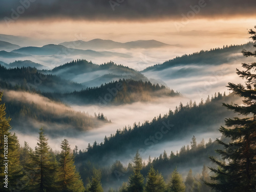 beautiful foggy mystic mountains. Fog clouds at the pine tree mystical woods  morning. Europe  mysterious alpine landscape - generated by ai