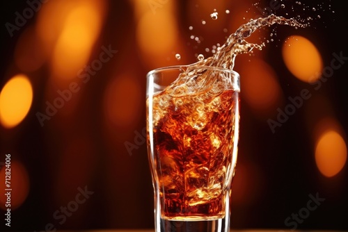 Side profile shot of a slender glass with cola being poured into it, capturing the mesmerizing swirl effect created as the liquid gently merges with the existing contents.