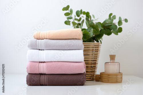 Soft Cotton Towels Stack on White Spa Background, Clean and Fresh Hygiene Care for Home Hotel Bathe