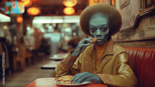 Blue alien at a restaurant 