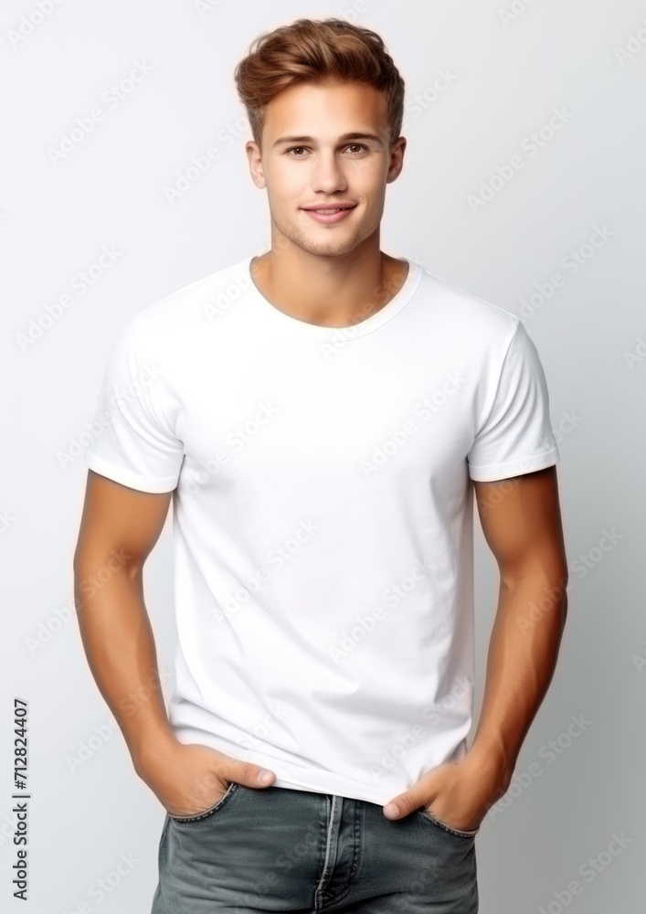 Fototapeta premium Man in white t-shirt and jeans standing on a white background