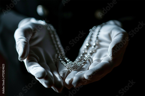 close-up of salesman's hands in white cotton gloves holding diamond jewelry. luxury and jewelry concept