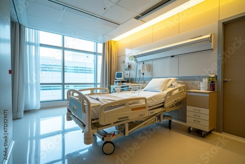 Empty hospital bed intended for hospitalized patients. Clean and empty room with a bed in a medical center near a large window.healthcare and health care concept