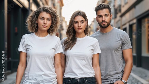 Three young adults are standing outside wearing white and grey t-shirts (Mockup).