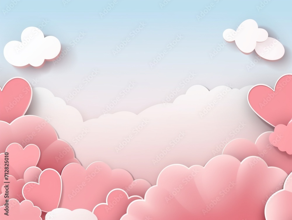 Pink sky and paper cut clouds and heart on valentines day