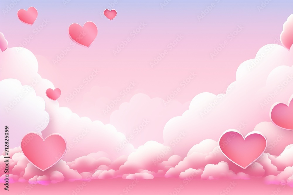 Pink sky and paper cut clouds and heart on valentines day