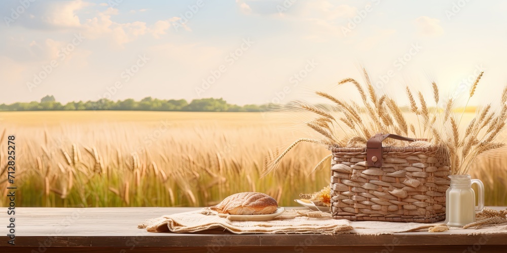 Shavuot mock-up with empty picnic basket on wooden table amidst wheat field. - obrazy, fototapety, plakaty 