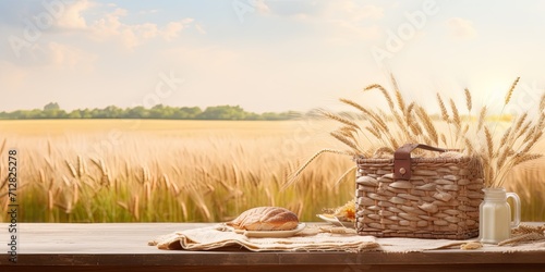 Shavuot mock-up with empty picnic basket on wooden table amidst wheat field. photo