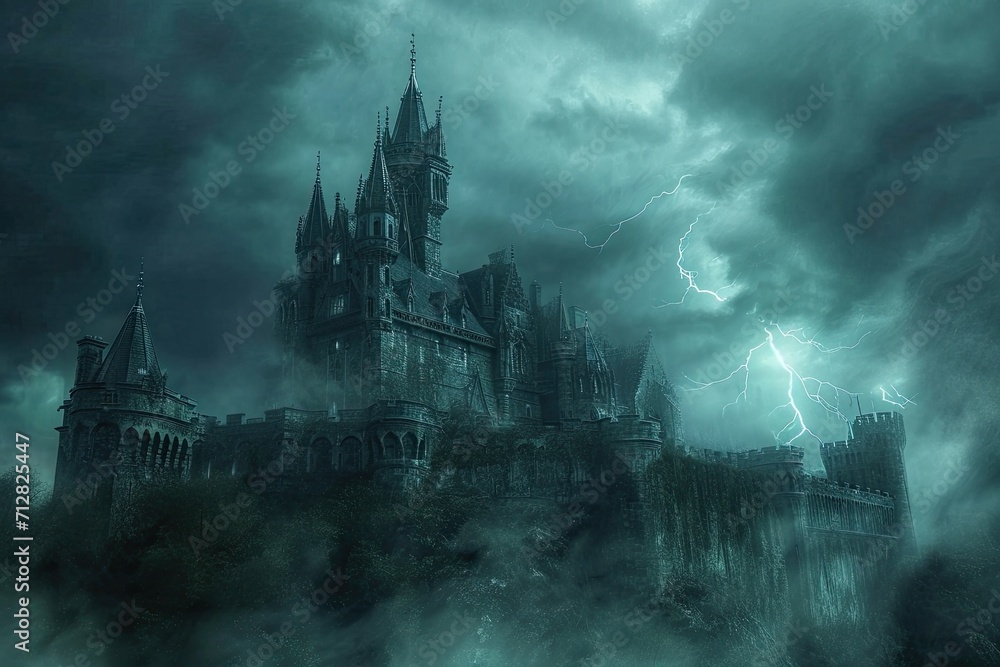 A haunted castle with ominous clouds and lightning in the background Creepy view of dark mystery castle Gothic castle at night