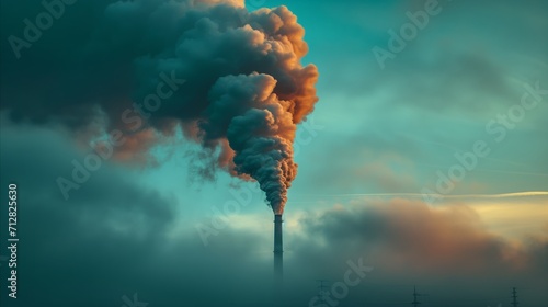 Industrial Impact Coal power plant with high pipes emitting black smoke, illustrating the environmental pollution and atmospheric impact of industrial activities.