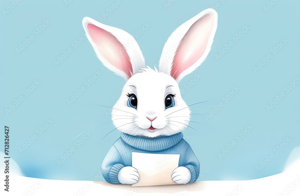 white easter rabbit wearing a blue sweater holding blank piece of paper as a note or sign, easter banner, postcard or invitation, banner for an easter sale announcement