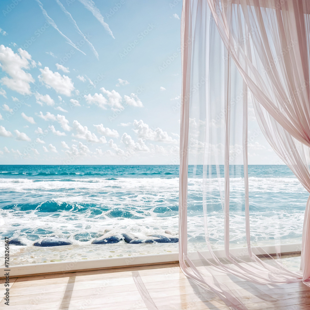 Empty room in a luxurious summer beach house with sea views behind the curtains - generated by ai