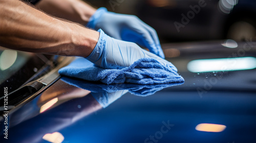 hand of a man in a blue glove cleaning a car with a microfiber cloth, washing and polishing the surface of the car photo