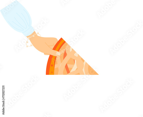 Chef squeezing fresh orange juice by hand. Cook in a professional kitchen preparing citrus drink. Food preparation and healthy eating vector illustration.