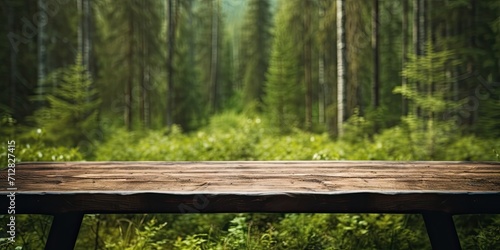 Perfect picture of a rustic table with a customizable surface and a stunning blurry background of a boreal forest.