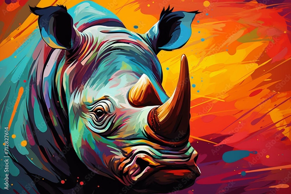 Colorful abstract illustration featuring a rhino. Generative AI