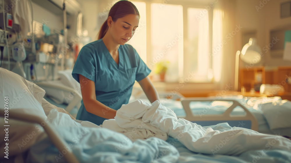 A nurse is cleaning the patient's bed linen. - obrazy, fototapety, plakaty 