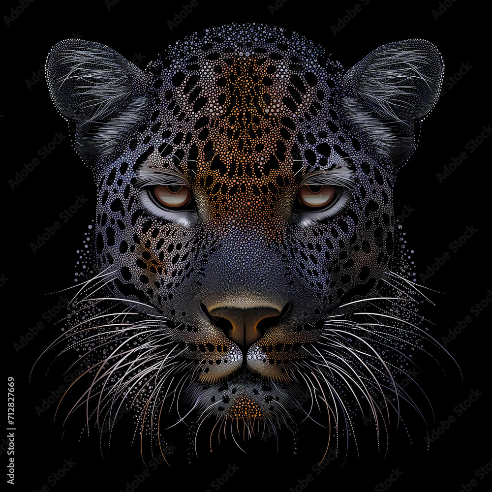 Close up portrait of a leopard in dot art style.