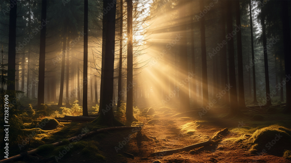The sun's rays penetrate into the foggy forest .