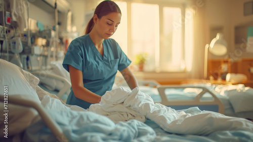 A nurse is cleaning the patient's bed linen. photo